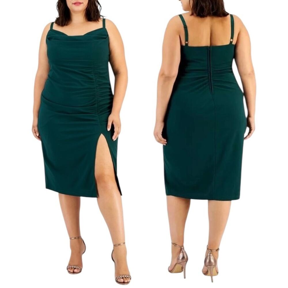 NEW EMERALD SUNDAE Draped Slit Hem Midi Dress Hunter Green Plus Size 16 Stretch